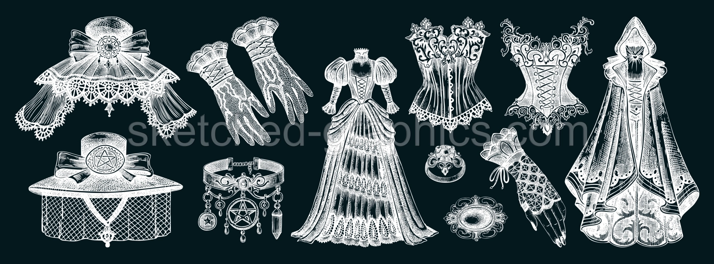 Victorian clothes hand-drawn vector illustrations on chalkboard. Romantic gothic fashion designs. Halloween dresses and accesories. Historical costume elements. NOT AI generated Illustration